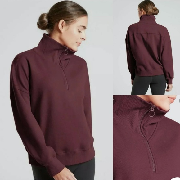 ATHLETA Cozy Karma Sweatshirt 1/4 Zip Funnel Neck Boxy Antique Burgundy Purple M - Picture 1 of 9